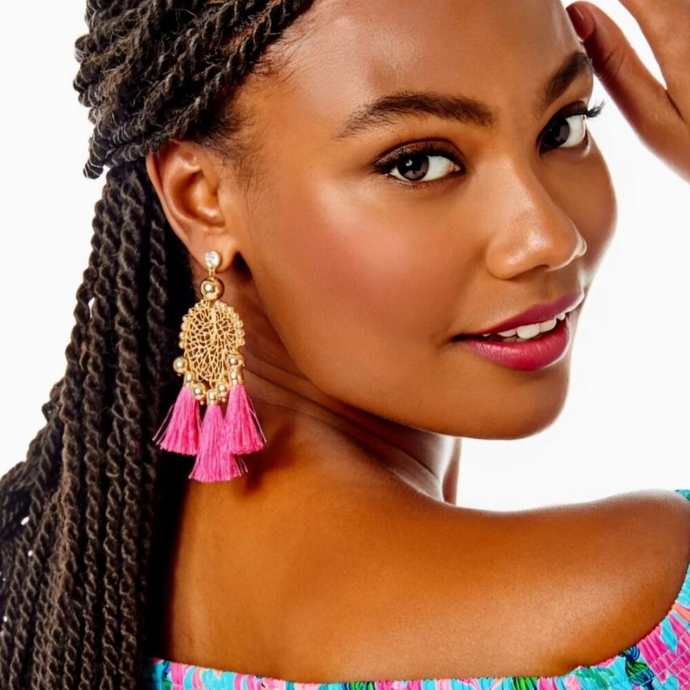 Lilly Pulitzer Sea Dreamer Statement Earrings Aura Pink Tassel Beaded Gold Boho